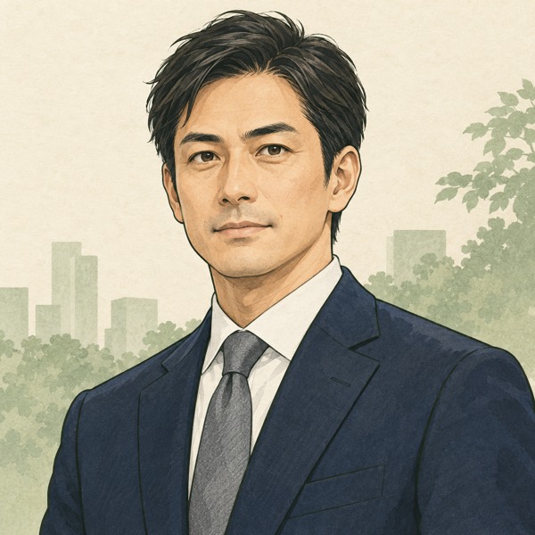 太郎の表示用に作成した、スーツ姿の男性のオリジナルイラスト